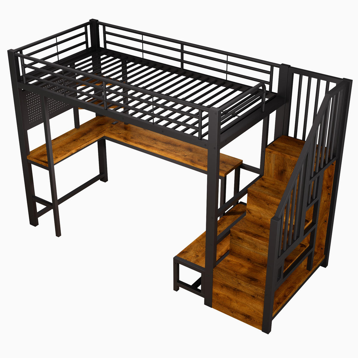 HOCHBETT 90/200 cm Schwarz mit Schreibtisch, trapezförmiger Schrank und LED-Beleuchtung - Schwarz, Metall (90/200cm) - Oxeza