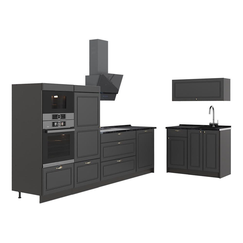 KÜCHENZEILE Fame-Line, Anthrazit-Gold Landhaus/Anthrazit, 380 cm ohne Arbeitsplatte - Anthrazit, Holzwerkstoff (380/153.6/51.6cm) - Vicco
