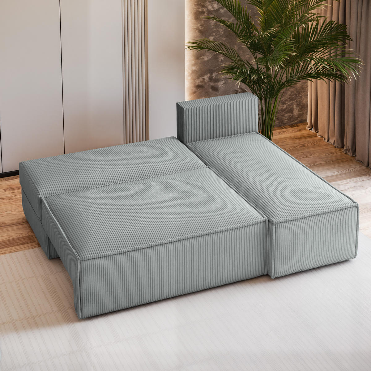 ECKSOFA BRISO P Hellgrau Kordstoff mit Schlaffunktion - Hellgrau, Holz (200/140cm) - MASSENO