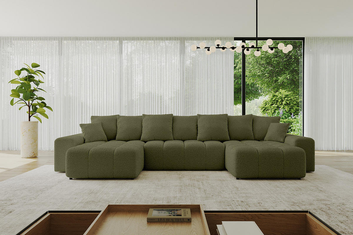 WOHNLANDSCHAFT ENIL-U 401x189x68 Grün Bouclé - Grün, Holzwerkstoff/Kunststoff (401/68/189cm) - ALTDECOR