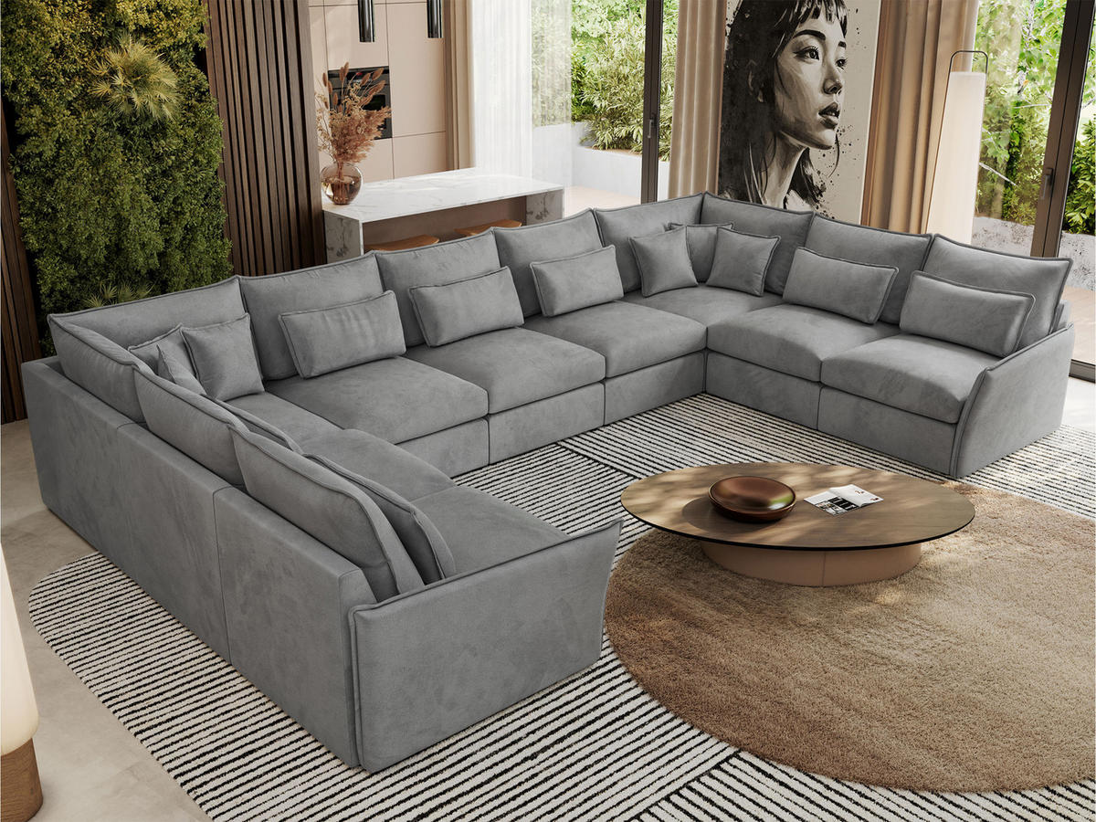 WOHNLANDSCHAFT VERSO U 9M Hellgrau Velvet - Hellgrau/Schwarz, Kunststoff/Textil (442/93/270cm) - MKS
