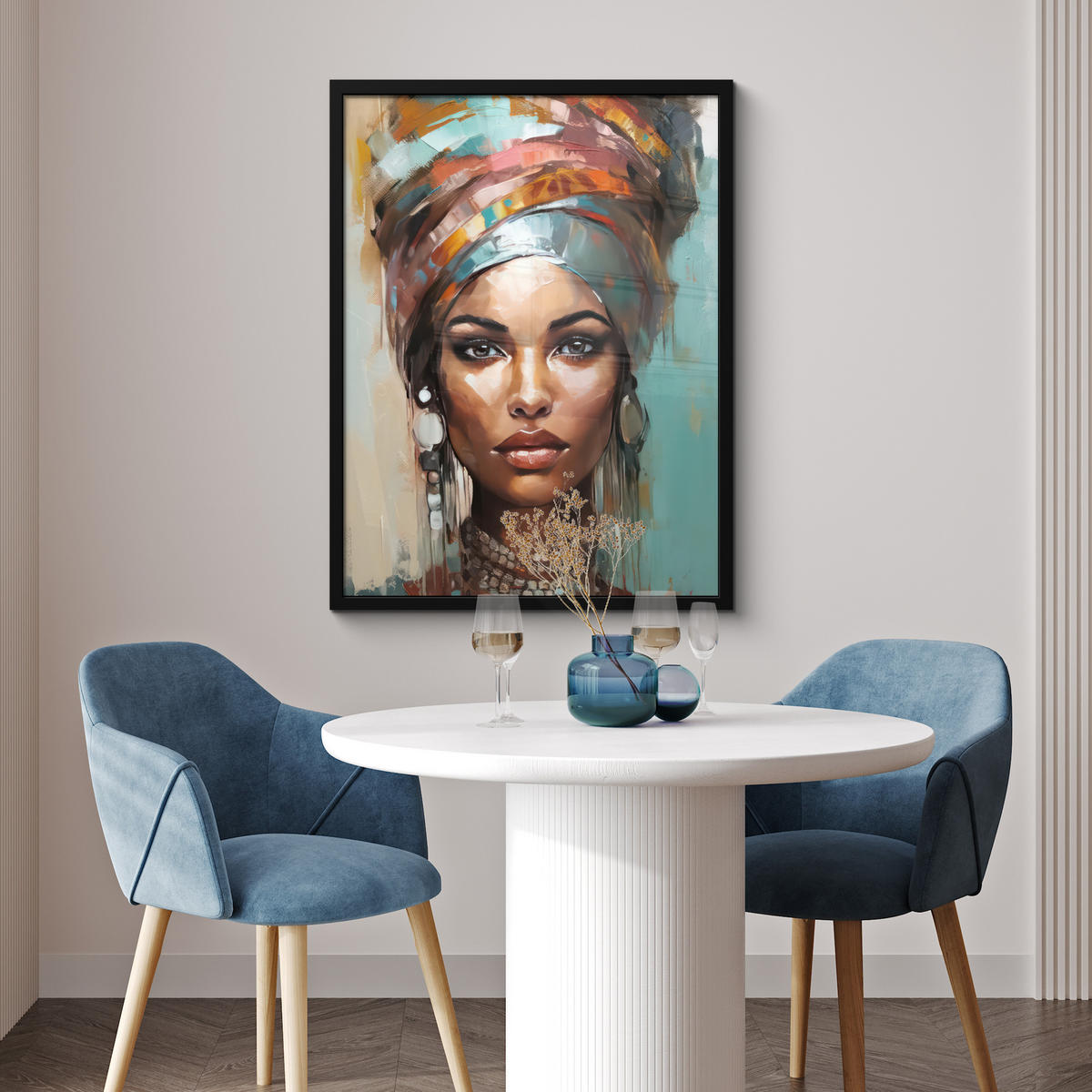 GERAHMTES BILD Frau - Kunst - Schmuck - Porträt 60x80 cm - Blaugrau, Papier (60/80cm) - MuchoWow