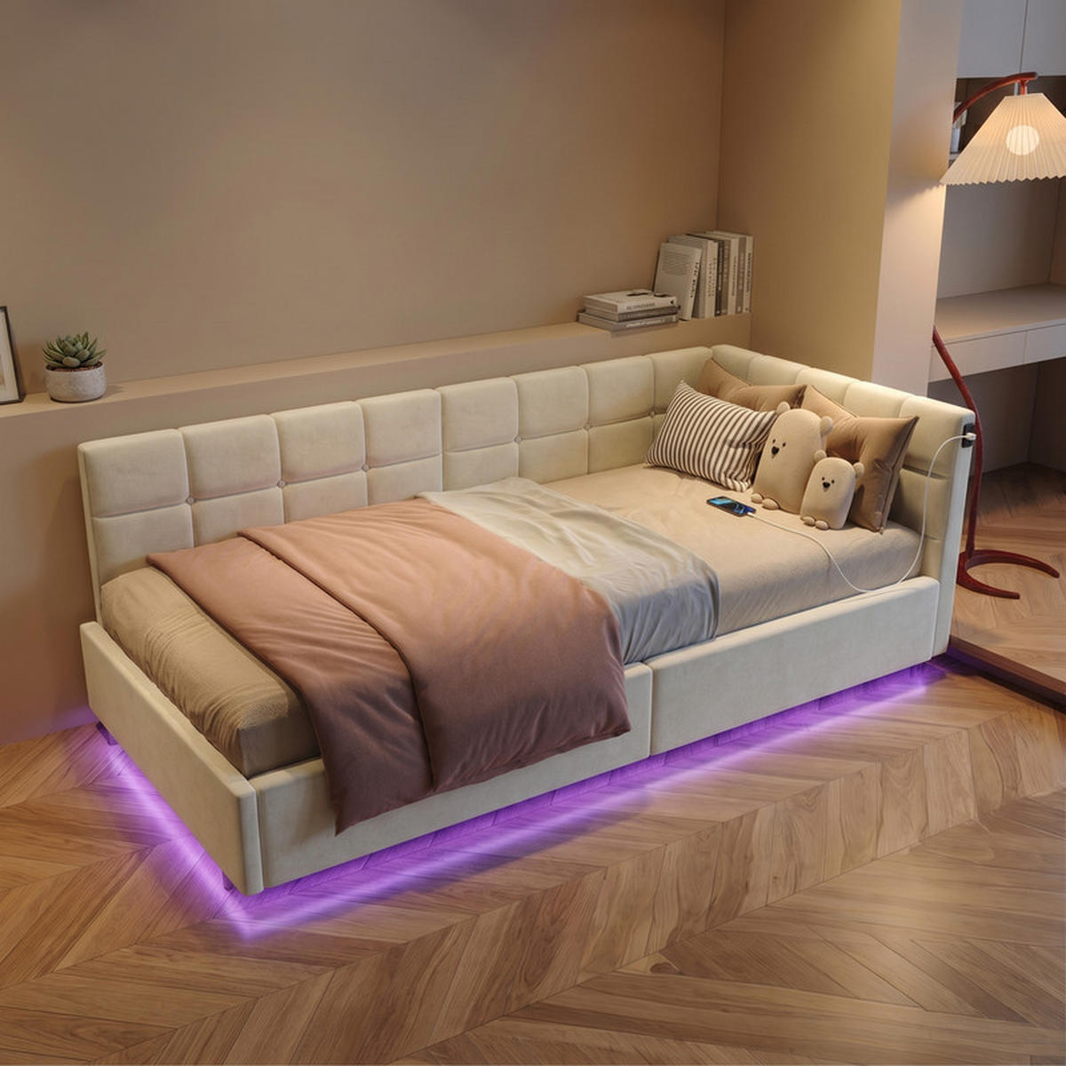 POLSTERBETT 90/200 cm creme mit RGB LED und USB - Creme, Holz - SHOPENTRA