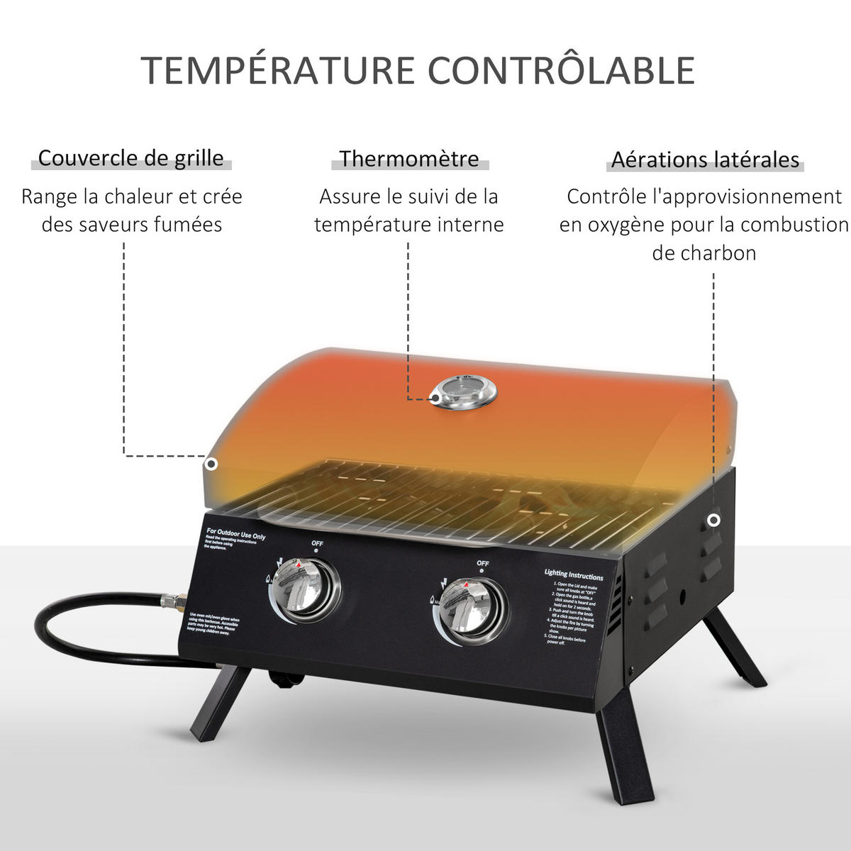 GASGRILL DE-18611 tragbar mit 2 Brennern & Thermometer Schwarz - Schwarz, Metall (46.5/41/55cm) - ComfortXL