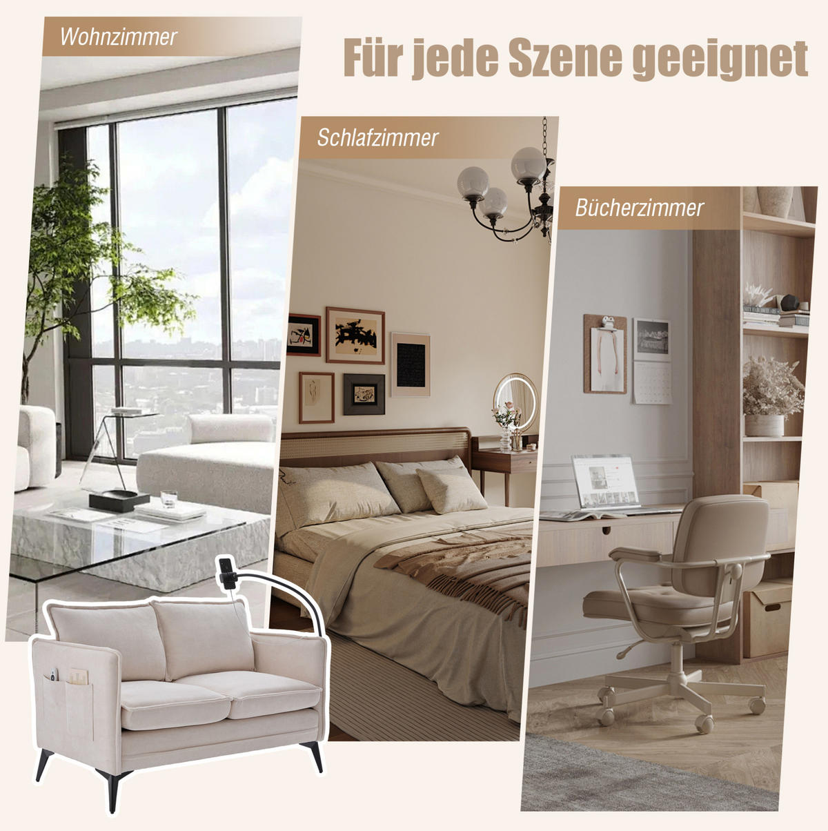 2-SITZER Sofa Chenille mit Handyhalter und Seitentaschen 127/69/66 cm Beige - Beige, Textil (66/127/69cm) - Redom