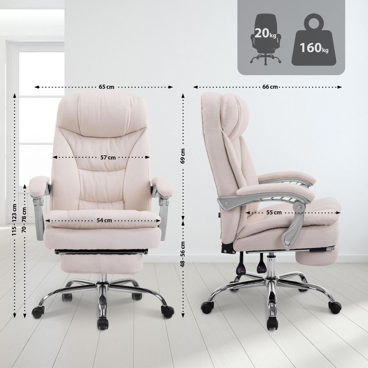 CHEFSESSEL Stoff Creme - Chromfarben/Creme, Textil/Metall (65/115/66cm) - CLP