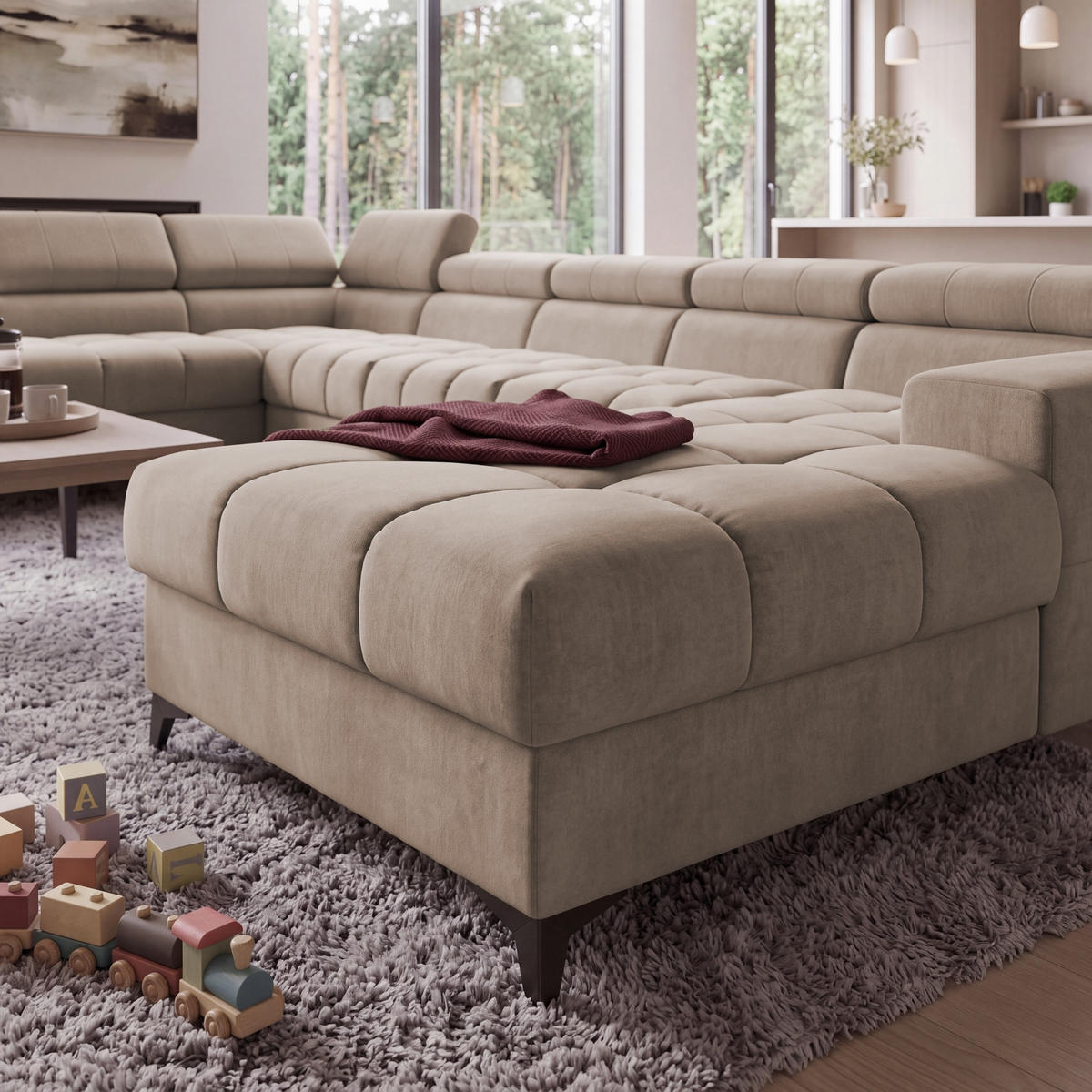 ECKSOFA PUDDING MAXI U Links mit Schlaffunktion 125x330 Velours Beige - Beige/Schwarz, Holz/Textil (203/421cm) - Muffo