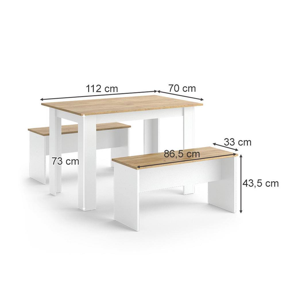 Thumbnail - Vicco Eckbankgruppe, Weiß, Honigeiche, Holzwerkstoff, Rechteckig, 112x73x73.6 cm, Esszimmer, Bänke, Tisch- & Eckbankgrup...