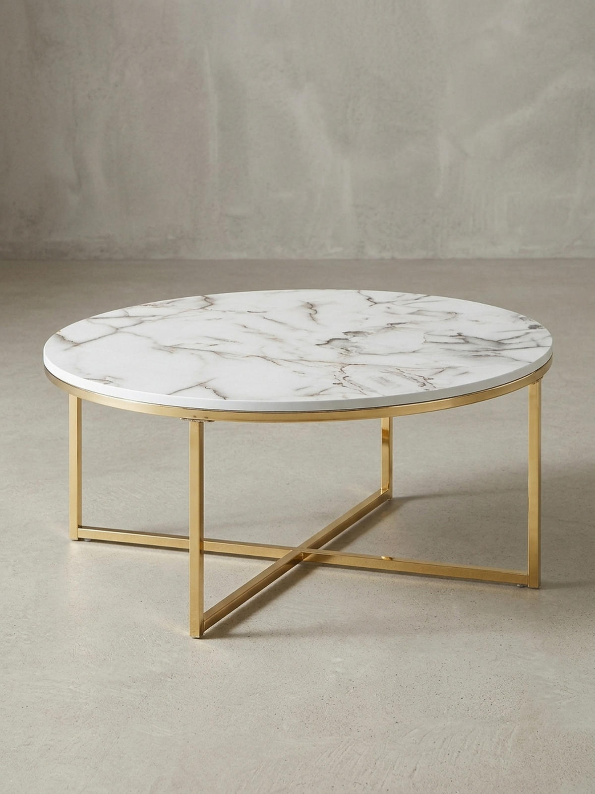 COUCHTISCH mit Marmor-Optik und Hochglanz-Finish, rund, Weiß 80x80x35 cm - Goldfarben/Weiß, Holz/Metall (80/80/35cm) - KADIMA DESIGN
