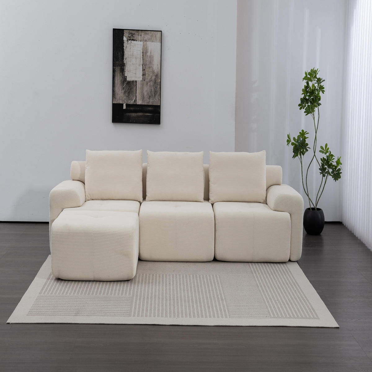 ECKSOFA 305/154/69 cm Weiß Cord mit 1 Fußhocker - Weiß, Textil (305/154cm) - Oxeza