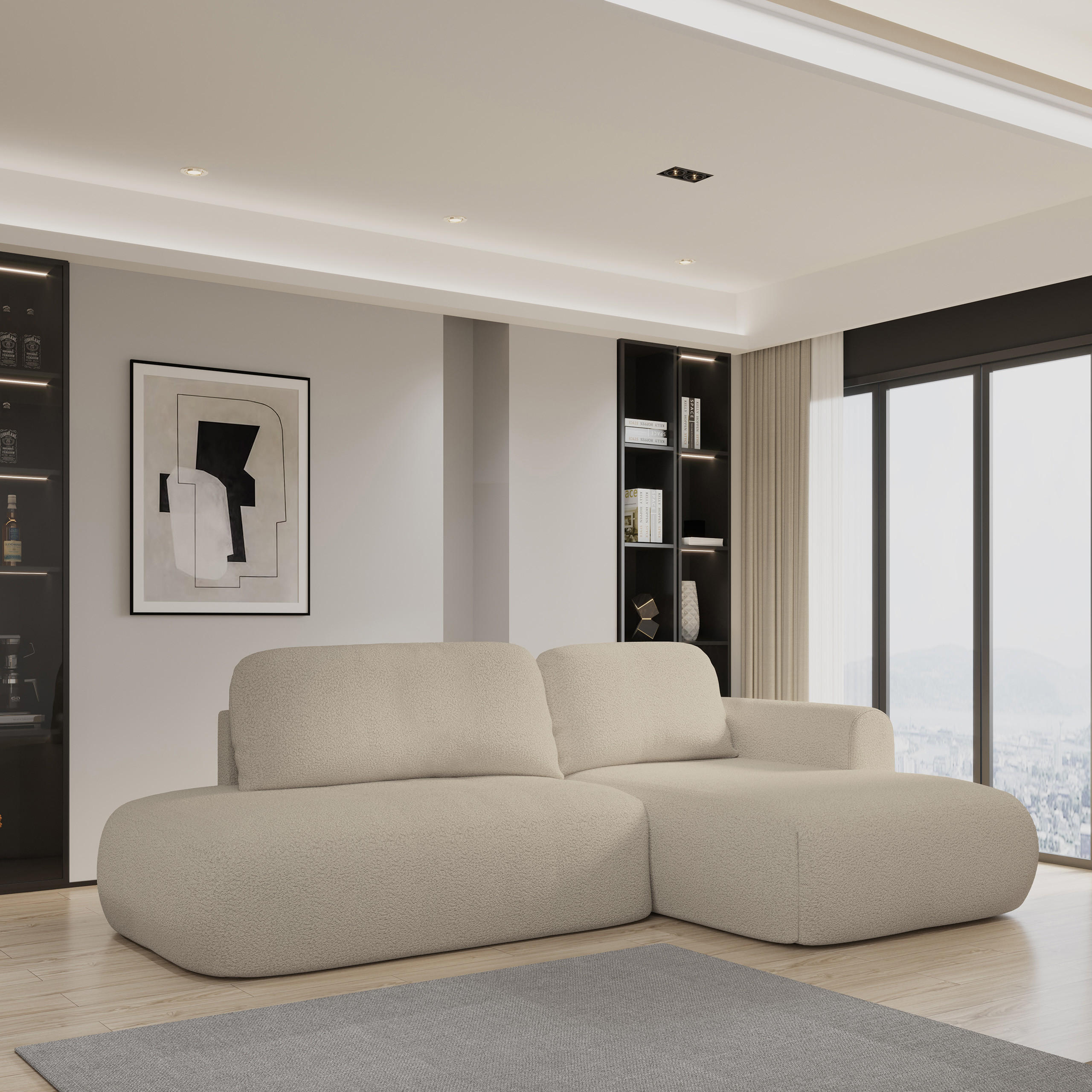 ECKSOFA NUVIRA R-S Beige Boucle-Stoff mit Schlaffunktion - Beige, Holz (274/165cm) - MASSENO