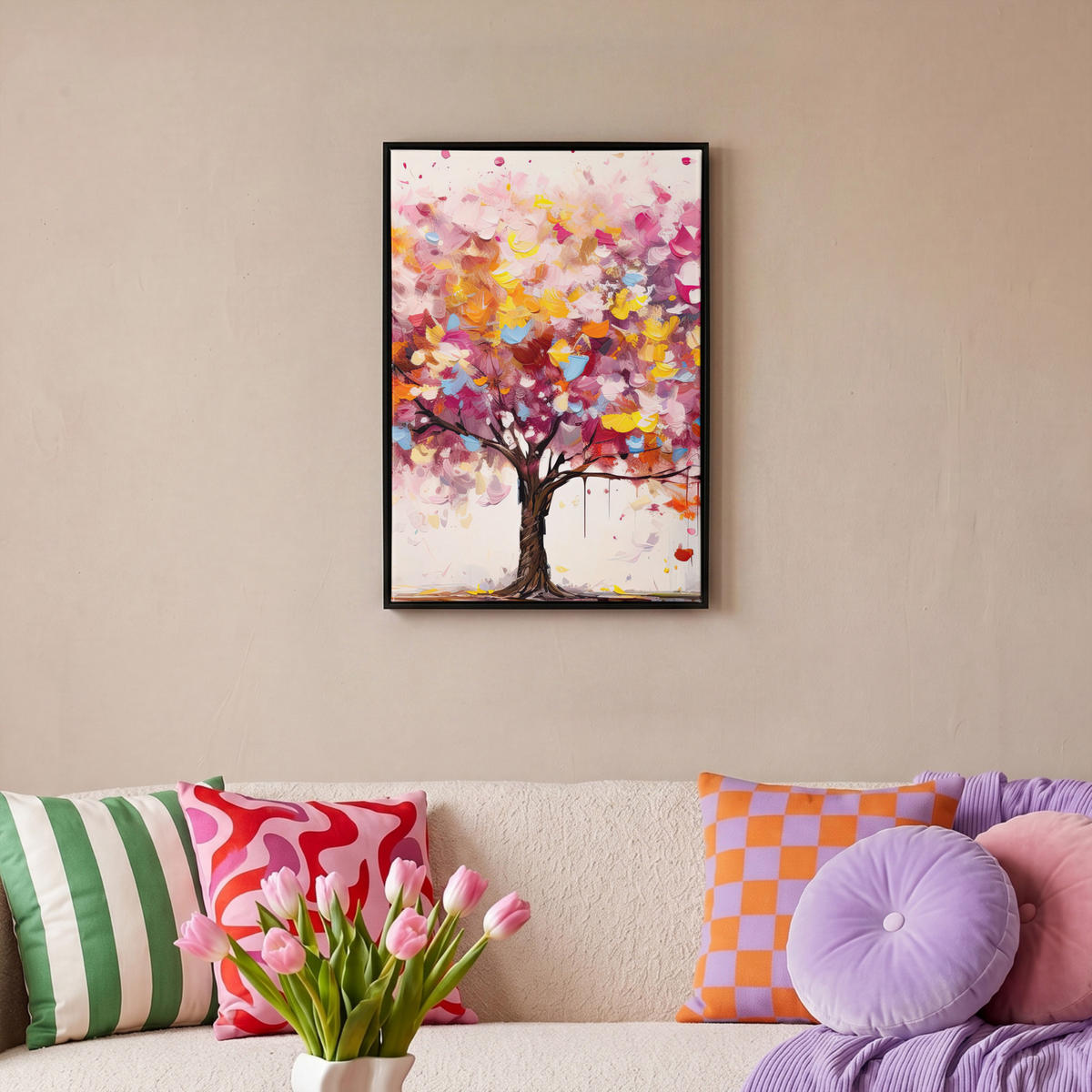 LEINWAND Bilder mit Rahmen - Aquarell - Baum - Kunst - Abstrakt - 40x60 - Multicolor, Textil (40/60cm) - MuchoWow