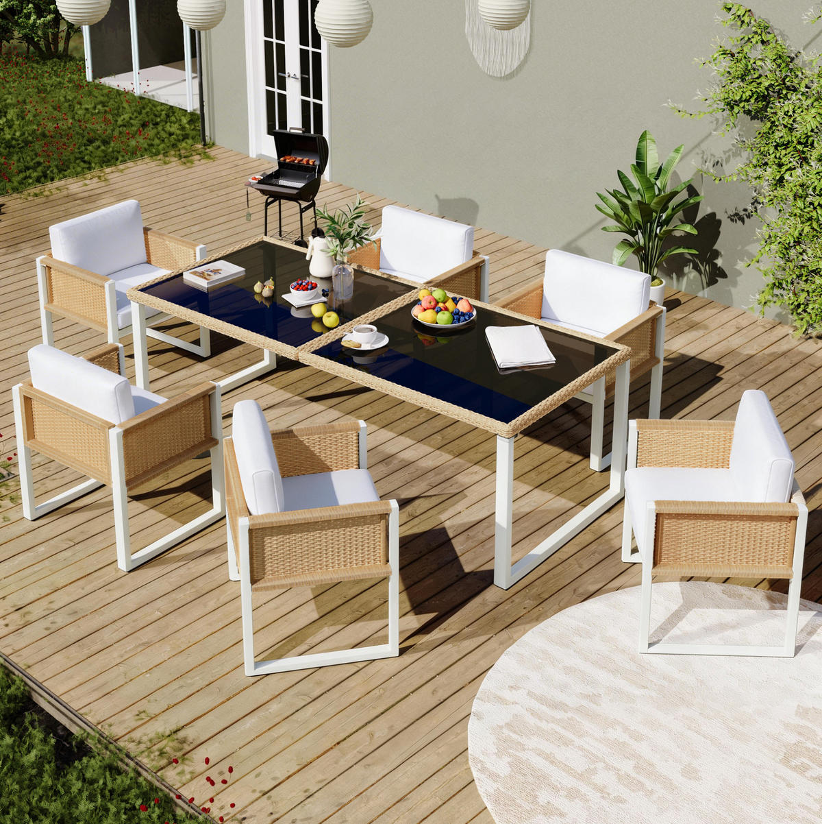 GARTEN-ESSGRUPPE 170/80/75 cm mit 6 Stühlen, gehärteter Glasplatte und abnehmbaren Bezügen, Braun/Weiß - Braun, Naturmaterialien - Redom