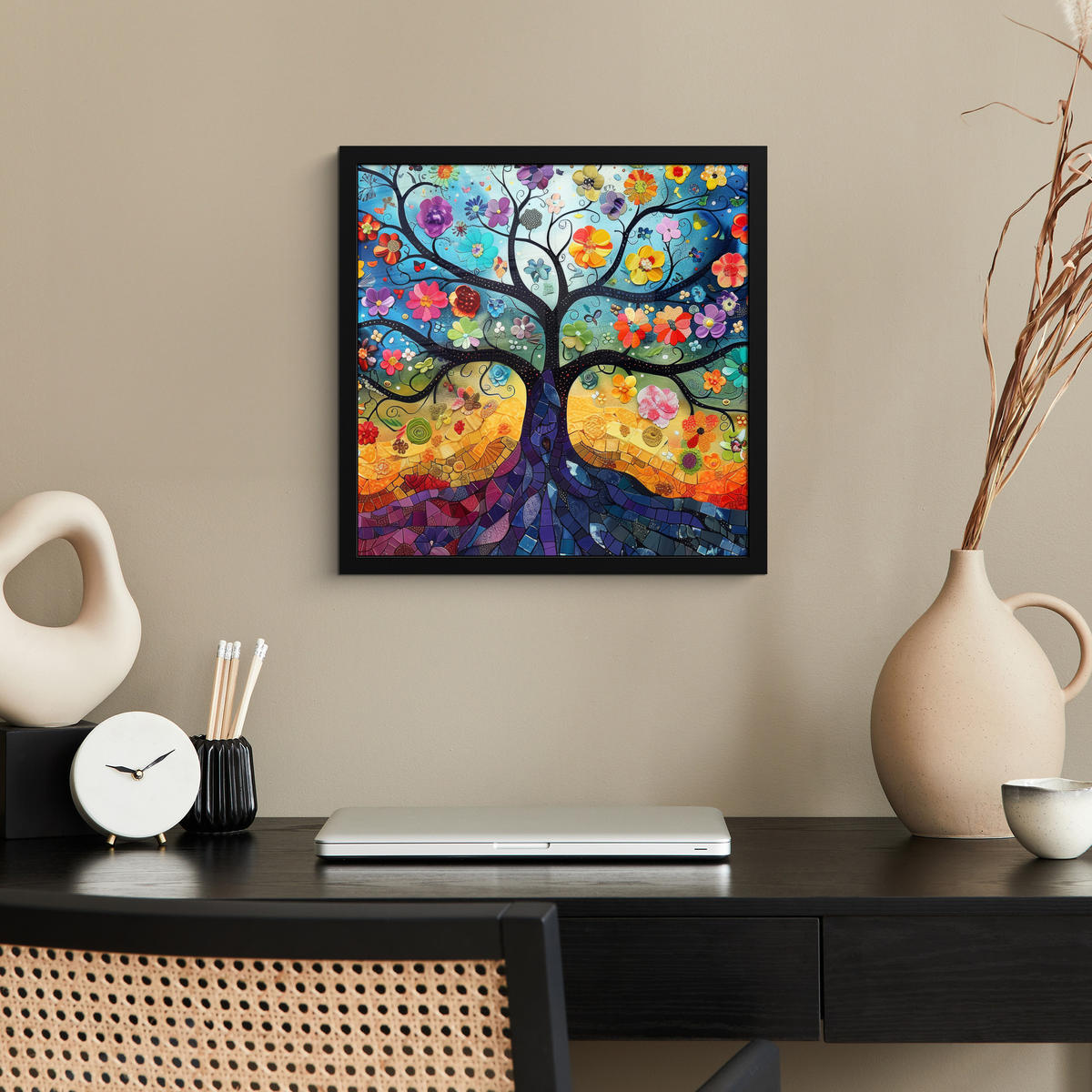 POSTER MIT RAHMEN Kunst - Baum des Lebens - Blumen - Hippie 40x40 cm - Dunkelblau, Papier (40/40cm) - MuchoWow