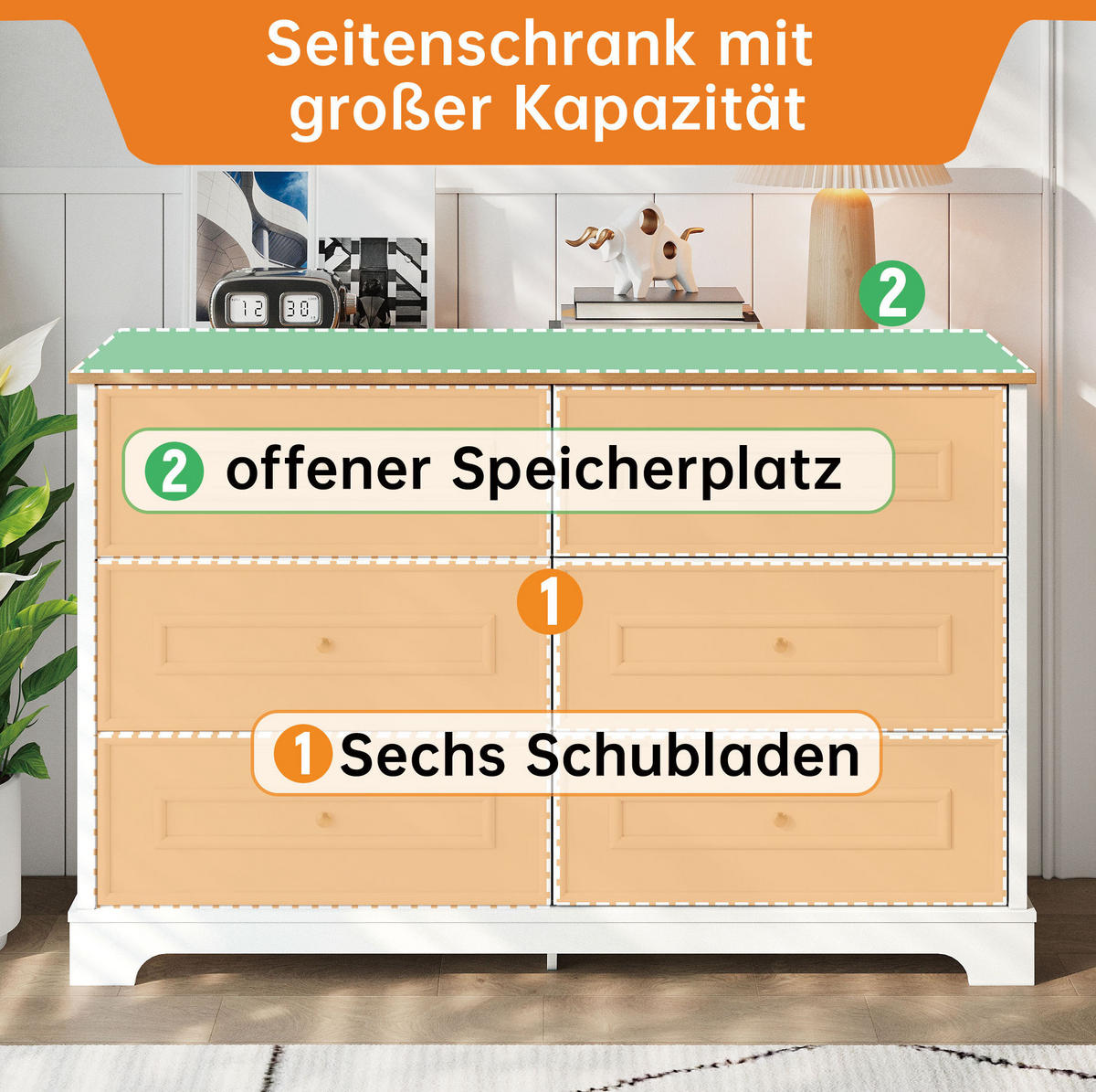 SIDEBOARD 120/40/76 cm in Weiß/Natur mit 6 Schubladen im Landhausstil - Weiß, Holzwerkstoff (120/76/40cm) - Flora Grace