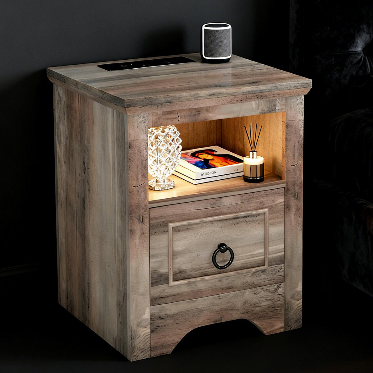 LED-NACHTTISCH 2er-Set im Landhausstil – mit Ladefunktion, dimmbarer LED-Beleuchtung, 1 Schublade, USB & Type-C - Wildeiche, Holzwerkstoff (40/50/40cm) - Ej. Life
