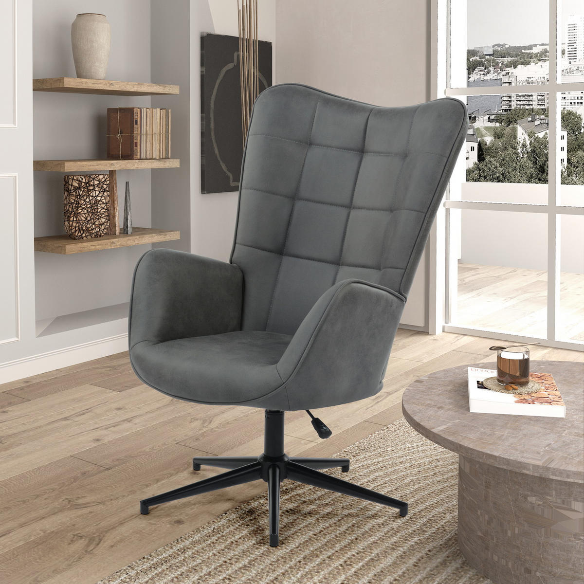 SESSEL, 360° drehbar, höhenverstellbar, grauer Samt - Dunkelgrau/Schwarz, Holz/Metall (70/100/80cm) - Urban Meuble