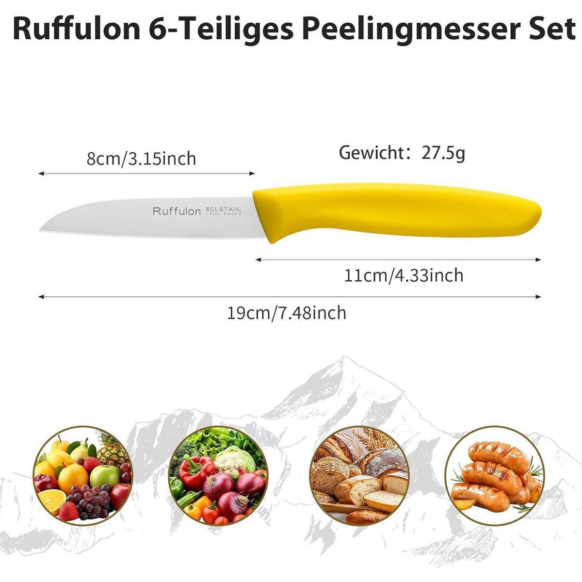 SCHÄLMESSER 6-teiliges Set Gelb Kunststoffgriff Edelstahl Klinge 3 Zoll - Goldfarben, Metall (19cm)