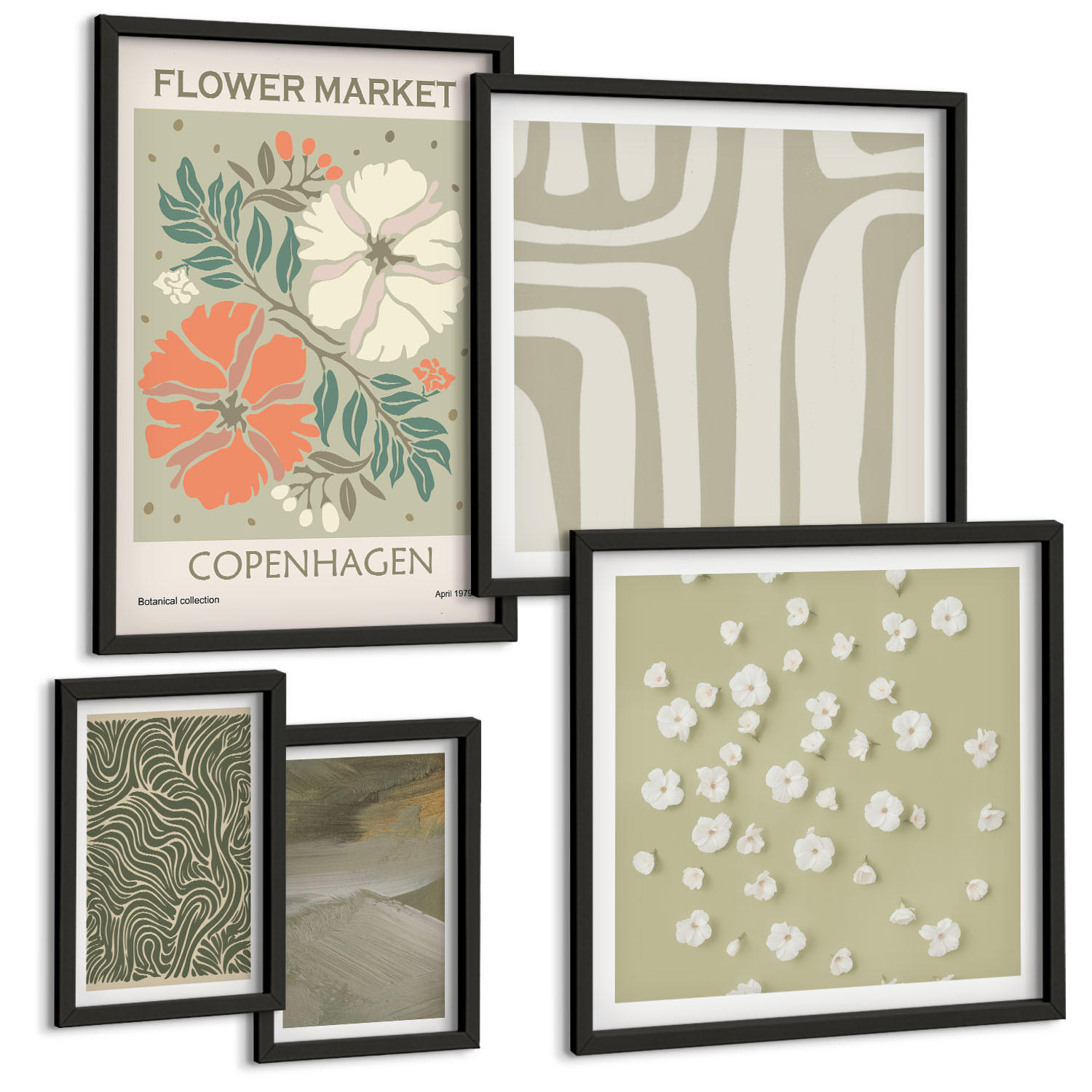 BILDER SET 5er Set - 50x50 cm & 20x30 cm & 40x60 cm Schwarzer Rahmen - Abstrakte Boho-Muster - Schwarz, Kunststoff (40/60cm) - TULUP