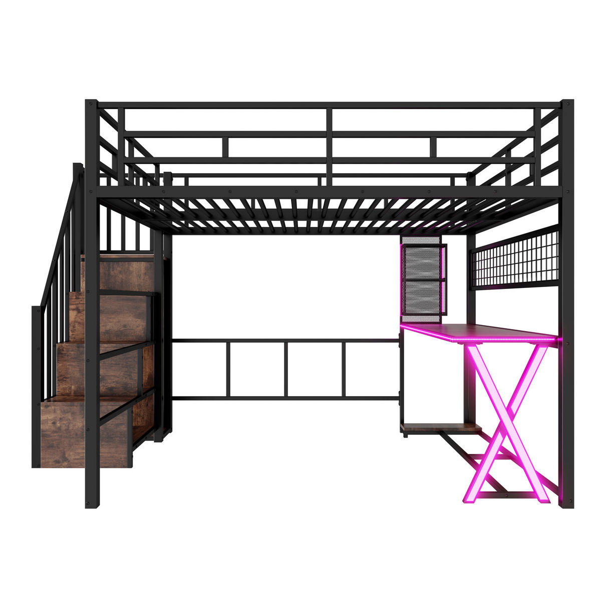 HOCHBETT aus Metall und MDF 160x200 cm Schwarz mit Schreibtisch, Kleiderschrank und LED-Beleuchtung - Schwarz, Holzwerkstoff (160/200cm) - Modfu