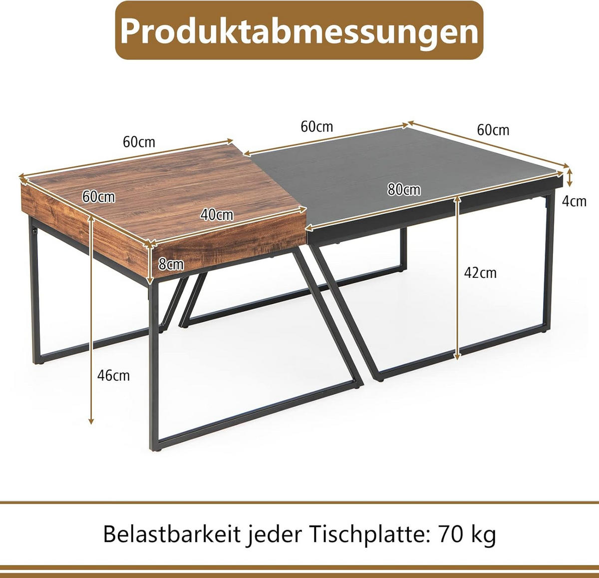 SATZTISCH Schwarz (2er-Set) - Schwarz, Holz (120/60/46cm) - COSTWAY