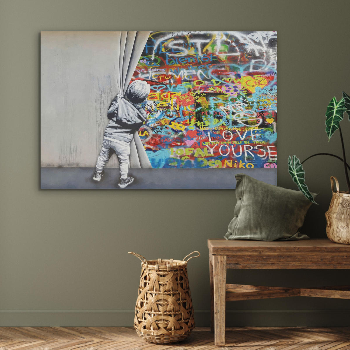 AKUSTIKBILD Graffiti - Junge - Ilussie - Straßenkunst Akustikpaneele 90x60 cm - Hellgrau, Kunststoff (90/60/0.9cm) - MuchoWow
