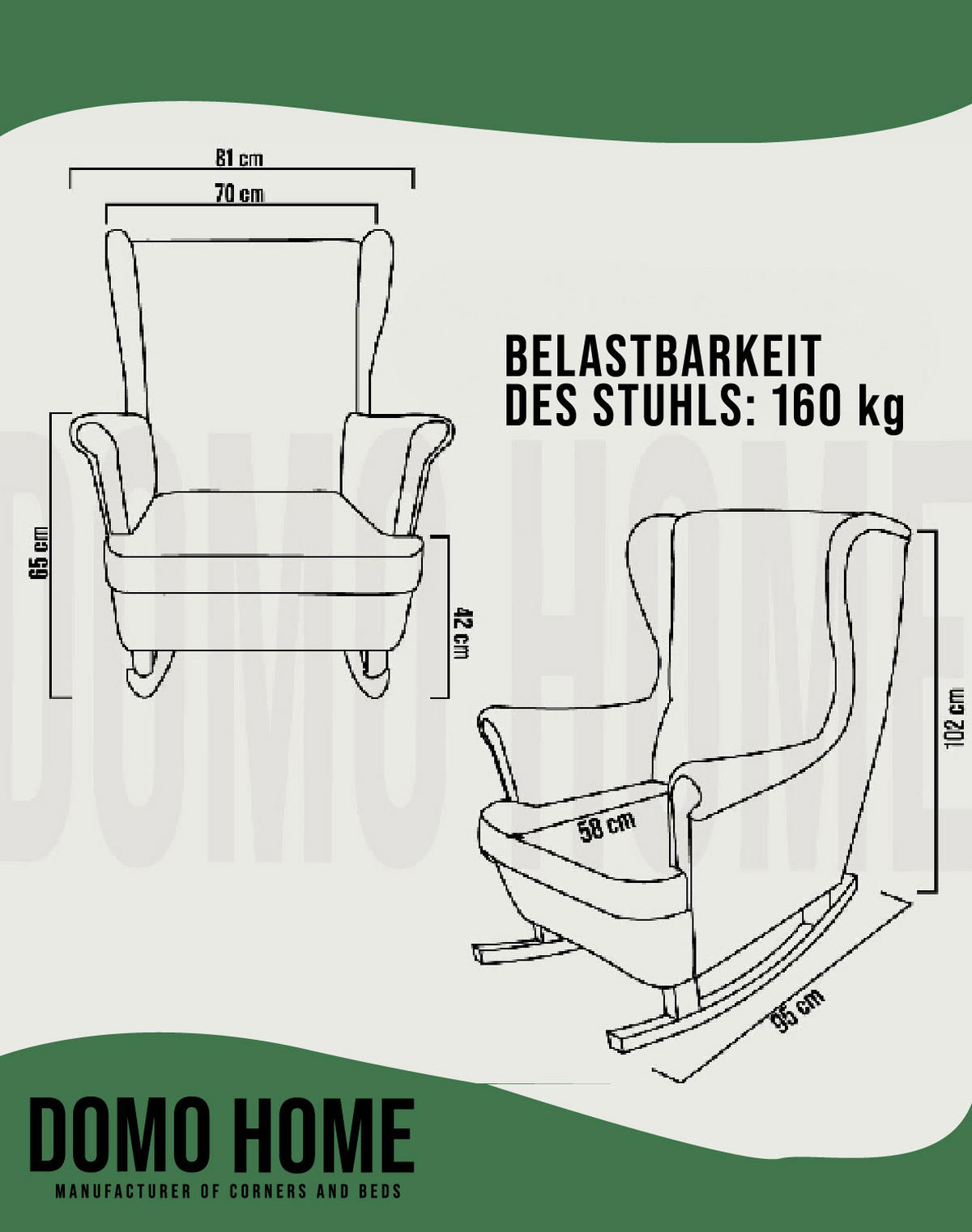 SCHAUKELSESSEL mit gepolstertem Sitz und Armlehnen, 102x81x95 cm, Grün_29849 - Buchefarben/Hellgrün, Holz/Textil (81/102/95cm) - DomoHome