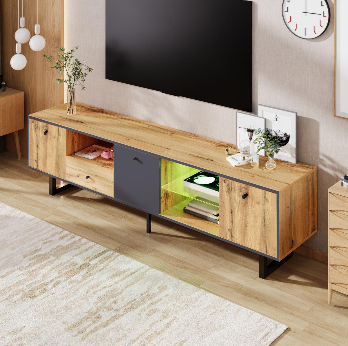 TV-LOWBOARD in Holz/Anthrazit mit LED und Glasböden 190/40/50 cm - Eichefarben, Holzwerkstoff (190/50/40cm) - Redom