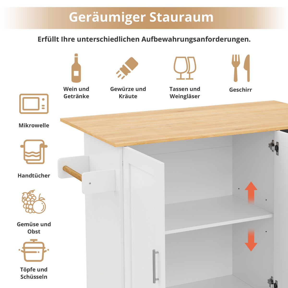 KÜCHENINSEL 135/44(70)/90 cm aus MDF mit klappbarer Arbeitsplatte und Rollen Weiß/Natur - Weiß, Holzwerkstoff (135/90/44cm) - Modenvie