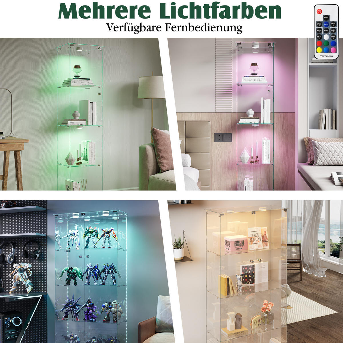 VITRINE Glas LED, 4 Regale, mit Schloss, für Wohn-, Schlaf & Esszimmer - Weiß, Holz (35/163/39.8cm)