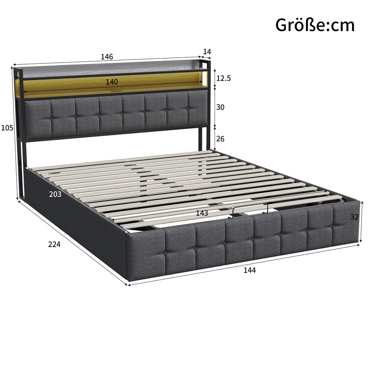 BETT mit Bettkasten 140x200 cm mit LED und USB, Polsterbett 140x200, Doppelbett 140x200 mit Stauraum, Lattenrost, Kopfteil, Grau Leinenstoff - Grau, Textil/Metall (140/200cm) - GENKI LIVING