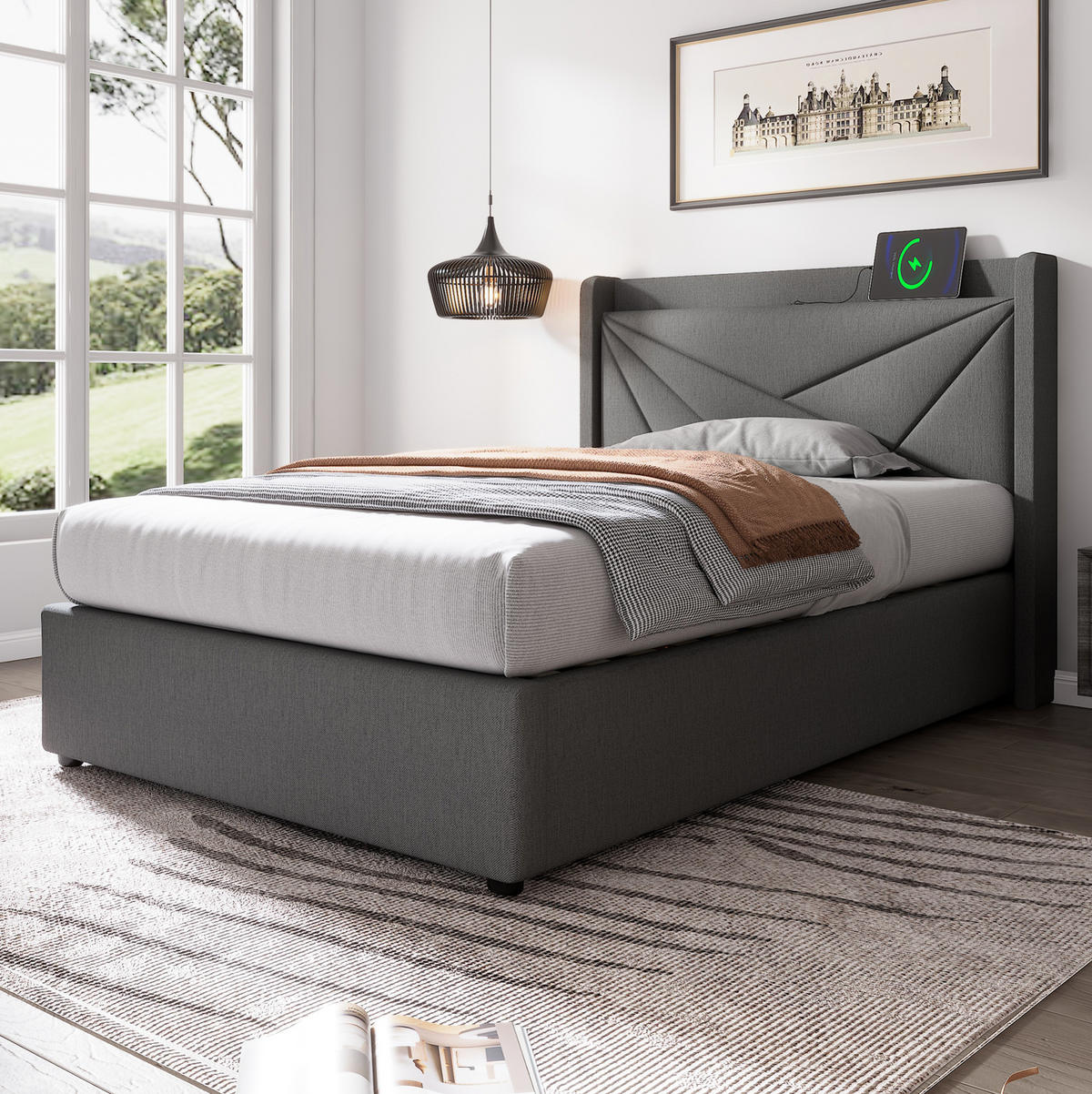 JEDNOLŮŽKOVÁ postel 90/200 cm šedá z bavlněného lnu s úložným prostorem a USB/Typ-C - šedá, textil (90/200cm) - OKWISH