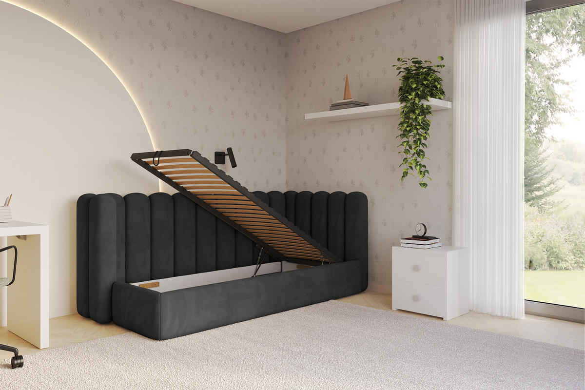 EINZELLBETT Jugendbett mit Bettkasten und Matratze H3/H4, Links - HUGY 100x200 Schwarz - Schwarz, Holzwerkstoff/Textil (100/200cm) - ALTDECOR