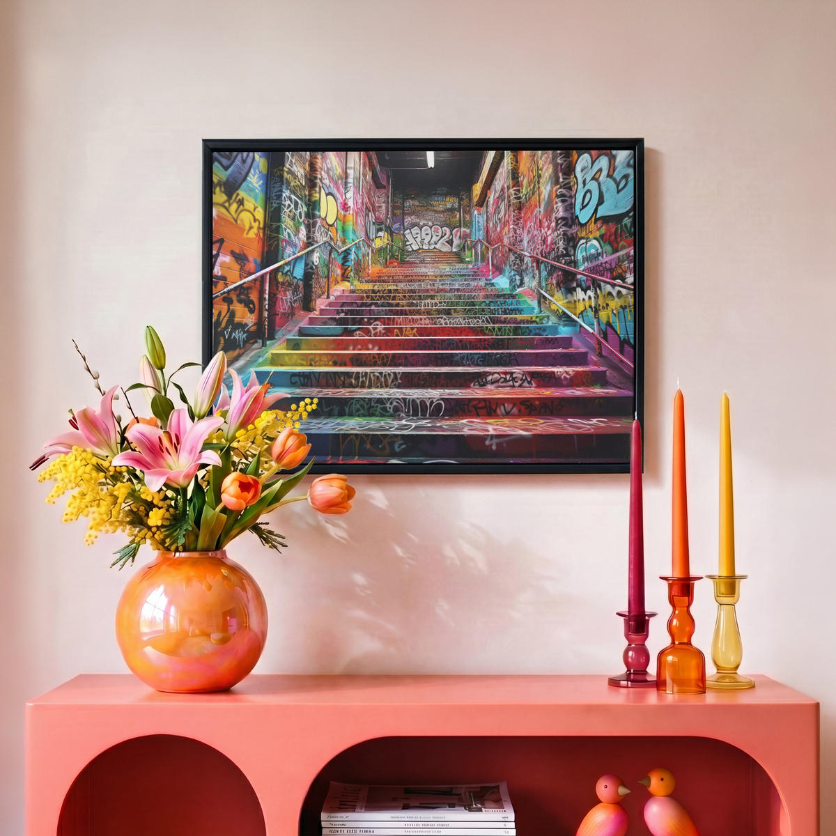 LEINWAND Bilder mit Rahmen - Treppe - Graffiti - Farben - Kunst - 40x30 - Multicolor, Textil (40/30cm) - MuchoWow