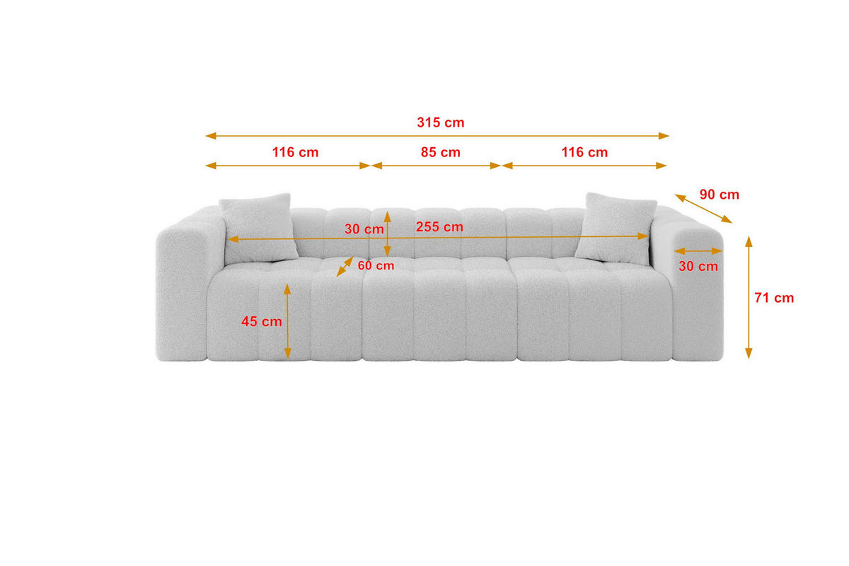 POHOVKA 3-MÍSTNÁ DONY-3 315x90x71 cm Světle šedá Buklé - černá/stříbrná, kompozitní dřevo/textil (315/71/90cm) - ALTDECOR