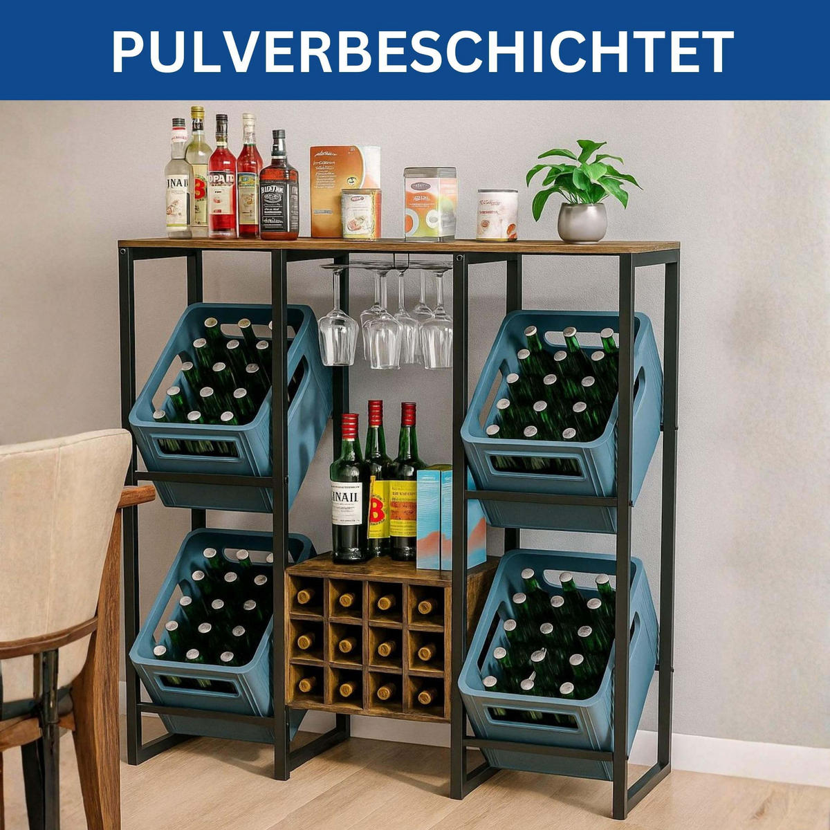 GETRÄNKEKISTENREGAL 4 Kisten mit Ablage Holzablage 96659 - Schwarz, Metall (116/112/32cm) - DanDiBo