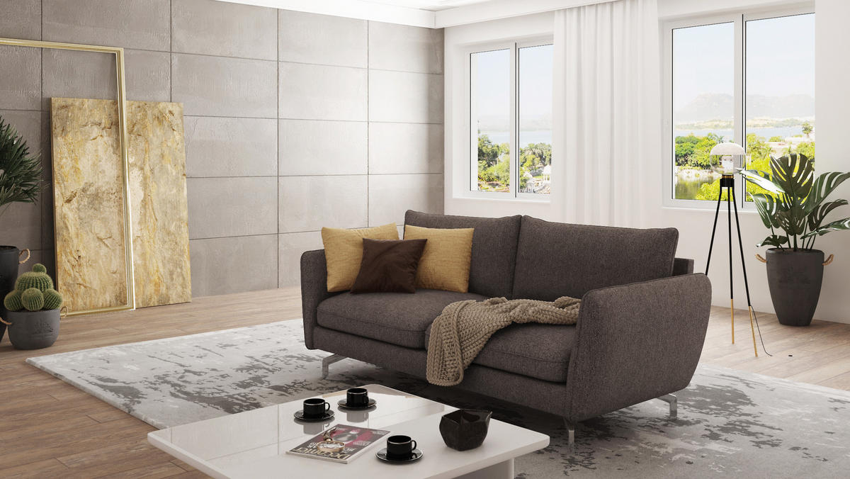 3-SITZER-SOFA Elou Braun - Khaki Microfaser - Chromfarben/Dunkelbraun, Holz/Textil (203/87/92cm) - S-Style Möbel