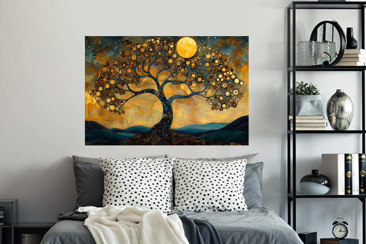WANDTATTOO Baum - Mond - Blumen - Gold - Kunst 120x80 cm - Orange, Kunststoff (120/80/0.1cm) - MuchoWow