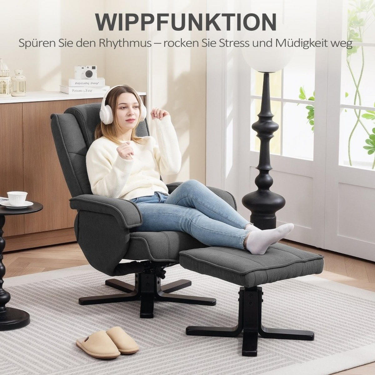 RELAXSESSEL Polyester mit Hocker 360° drehbar, 135° verstellbar 67/87/96 cm Dunkelgrau - Dunkelgrau, Textil (67/96/87cm) - Redom