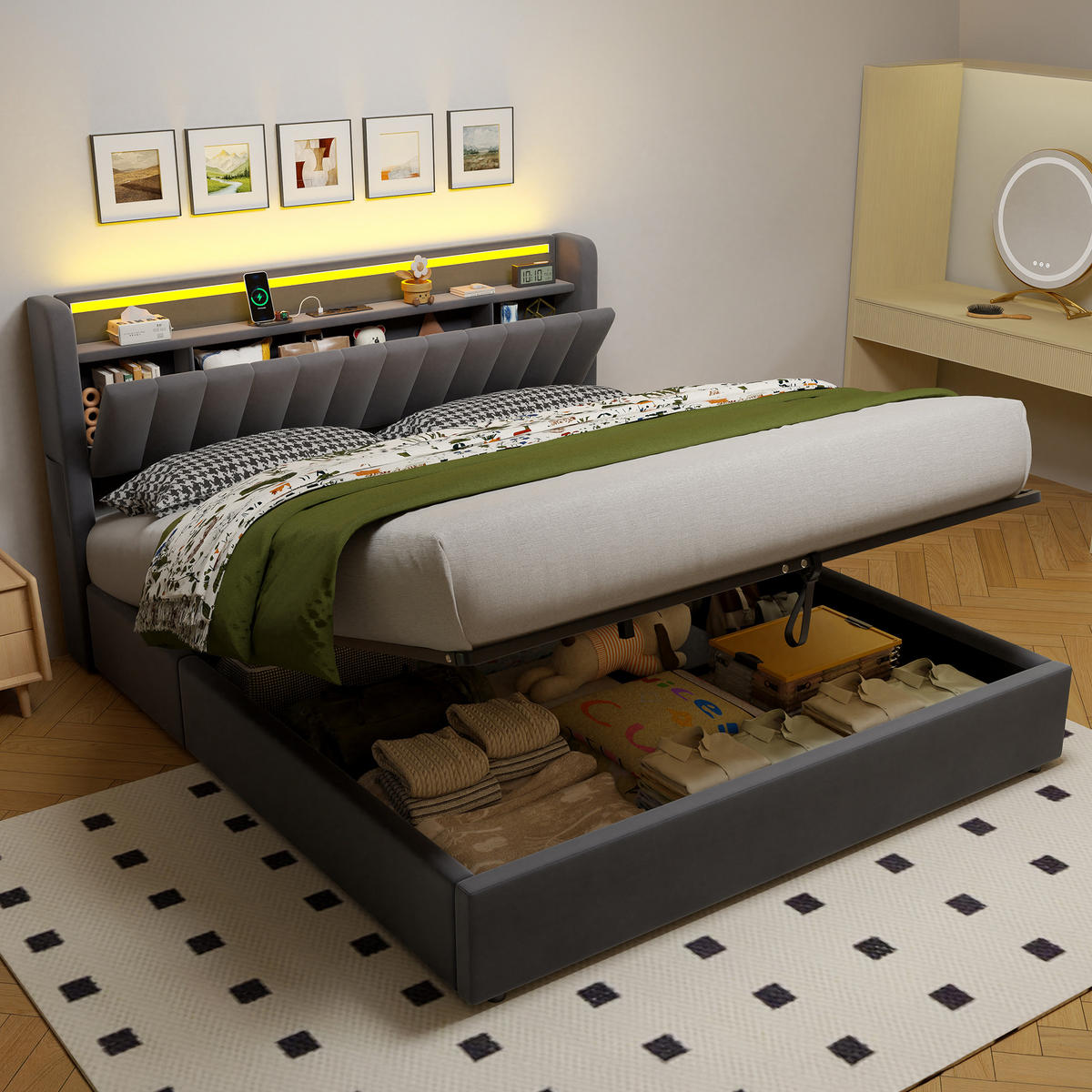 POLSTERBETT 180/200 cm Dunkelgrau aus Samt mit Stauraum, LED-Beleuchtung und USB-Anschluss - Grau, Holzwerkstoff (180/200cm) - OKMYHOME