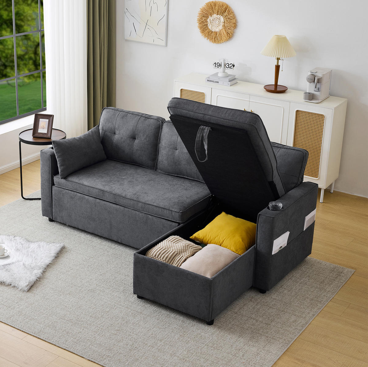 SCHLAFSOFA Baumwolle/Leinen mit Stauraum & Getränkehalter, 211/130/86 cm, Grau - Grau, Textil (130/86/211cm) - Redom
