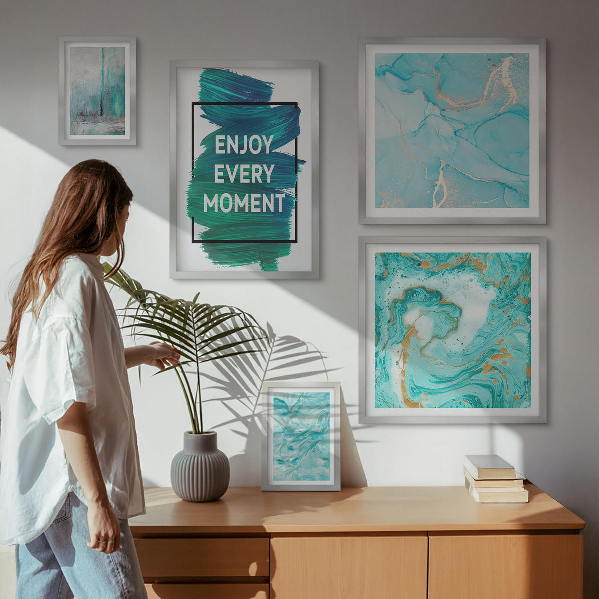 WANDBILDER 5er Set - 50x50 cm & 20x30 cm & 40x60 cm Silberner Rahmen - Farbenfrohe Abstraktionen, Gesichter, Formen - Silberfarben, Kunststoff (40/60cm) - ArtPrintCave