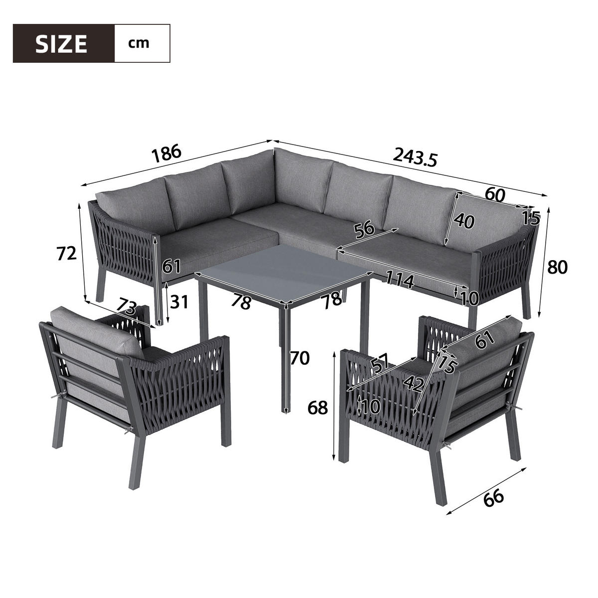 DINING-LOUNGESET L-Shaped 8-Person, inkl. 1 Esstisch & 2 Sesseln - Grau, Textil - Coonoor