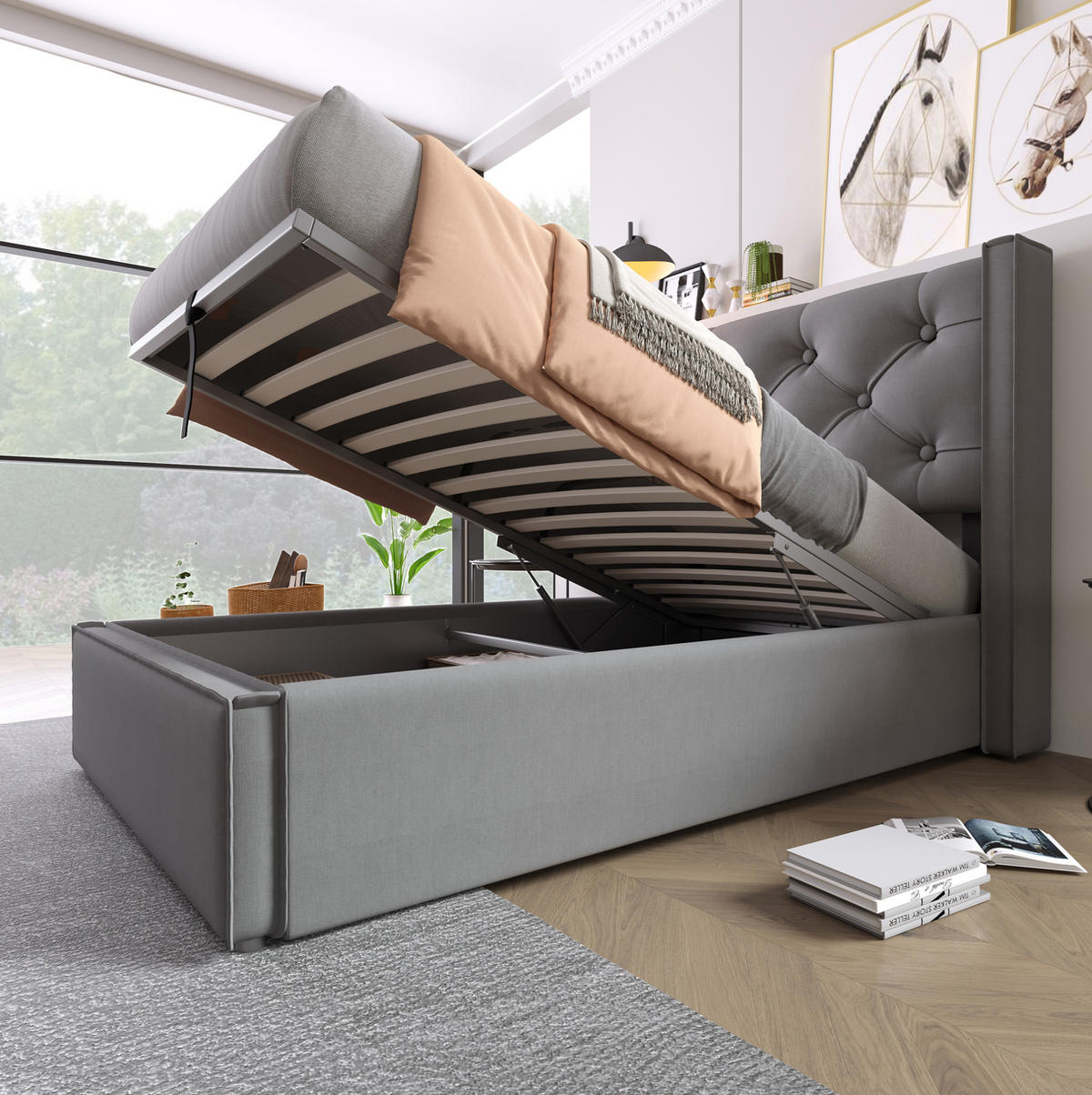 POLSTERBETT mit Bettkasten 90/200 cm in Grau mit gepolstertem Kopfteil - Grau, Textil (90/200cm) - BEAOK