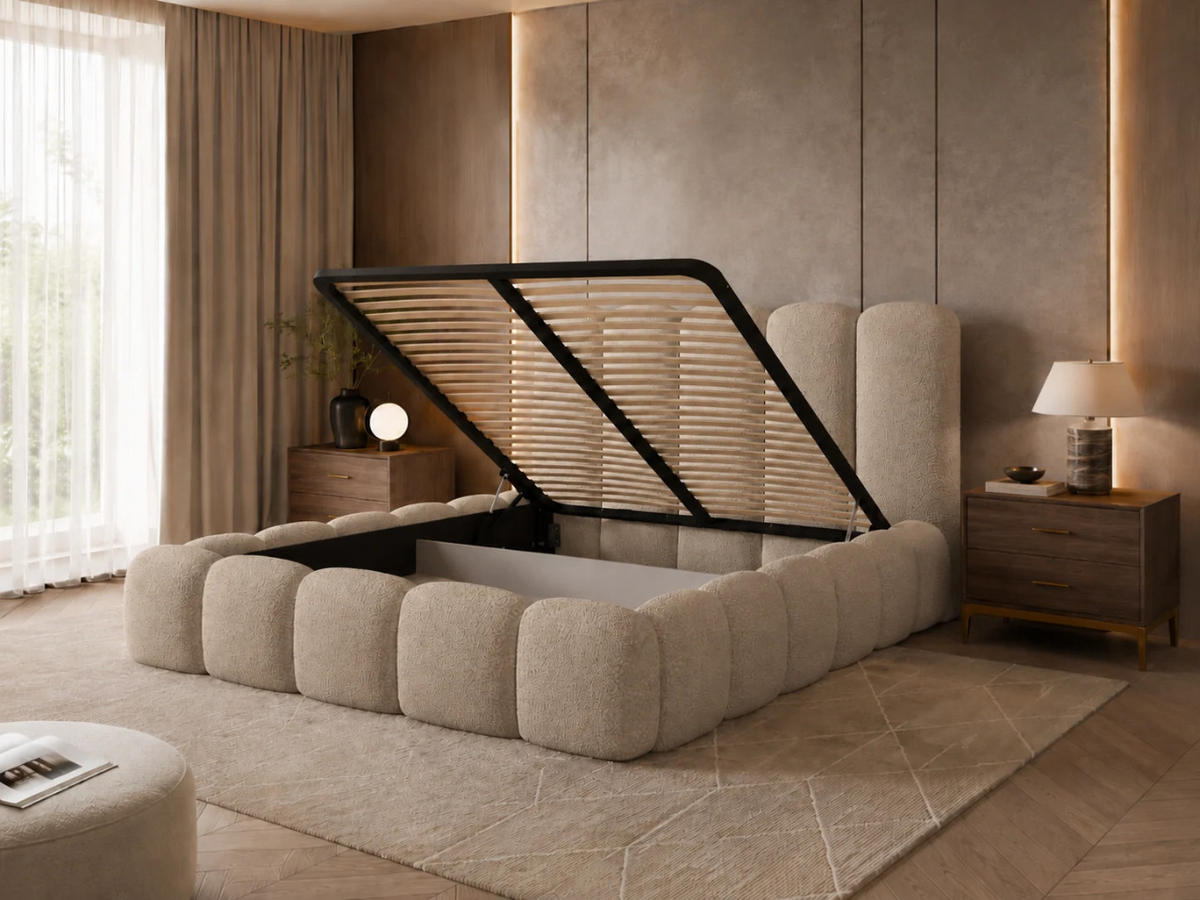 POLSTERBETT TEDDY 180x200 cm in Creme mit Metalllattenrost, Bettkasten, gepolstertes Kopfteil Bouclé-Stoff - Ecru, Holz/Textil (180/200cm) - EMLAR Home