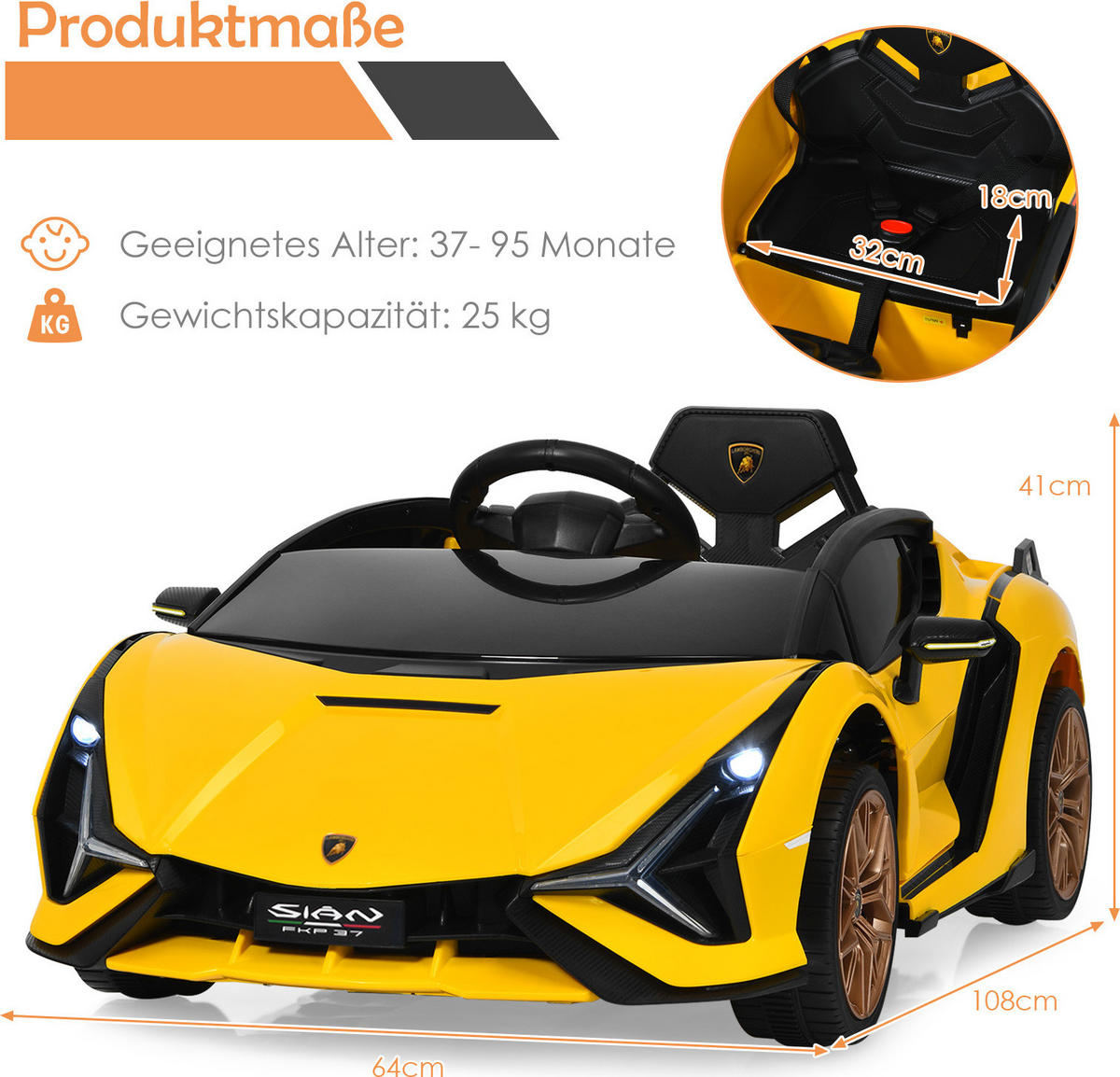 DETSKÉ auto Lamborghini 12 V, žlté - žltá, plast (64/41/108cm) - COSTWAY