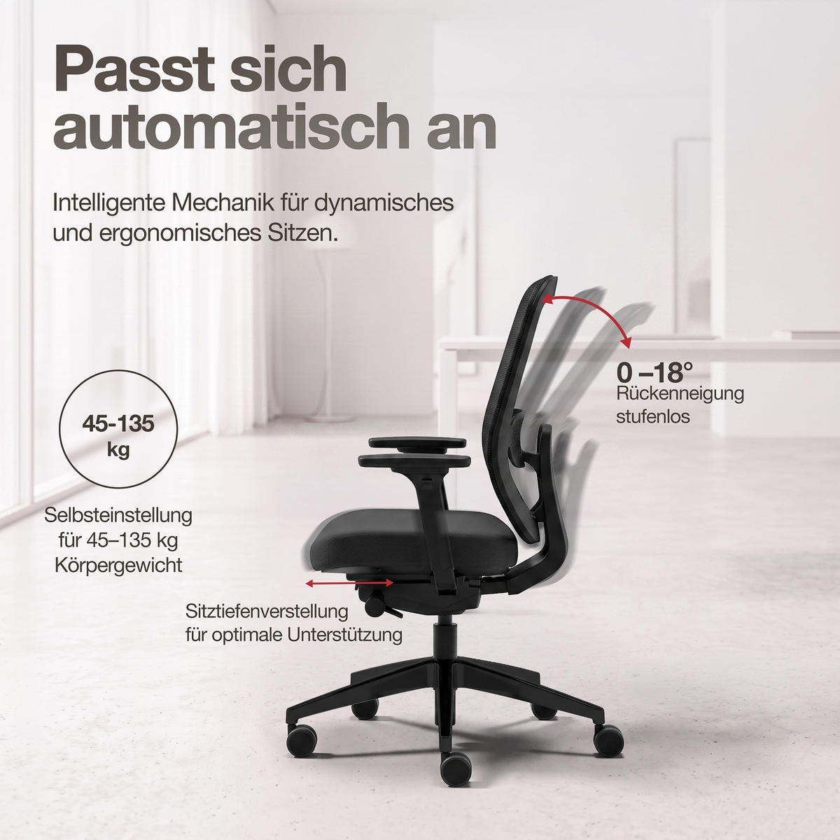 DREHSTUHL Ergonomischer Bürostuhl Atessa mit Polsterrücken in schwarz / Keine Schwarz Ergonomischer Polsterrücken - Schwarz, Textil (62.5/99.8/45cm) - ASSMANN