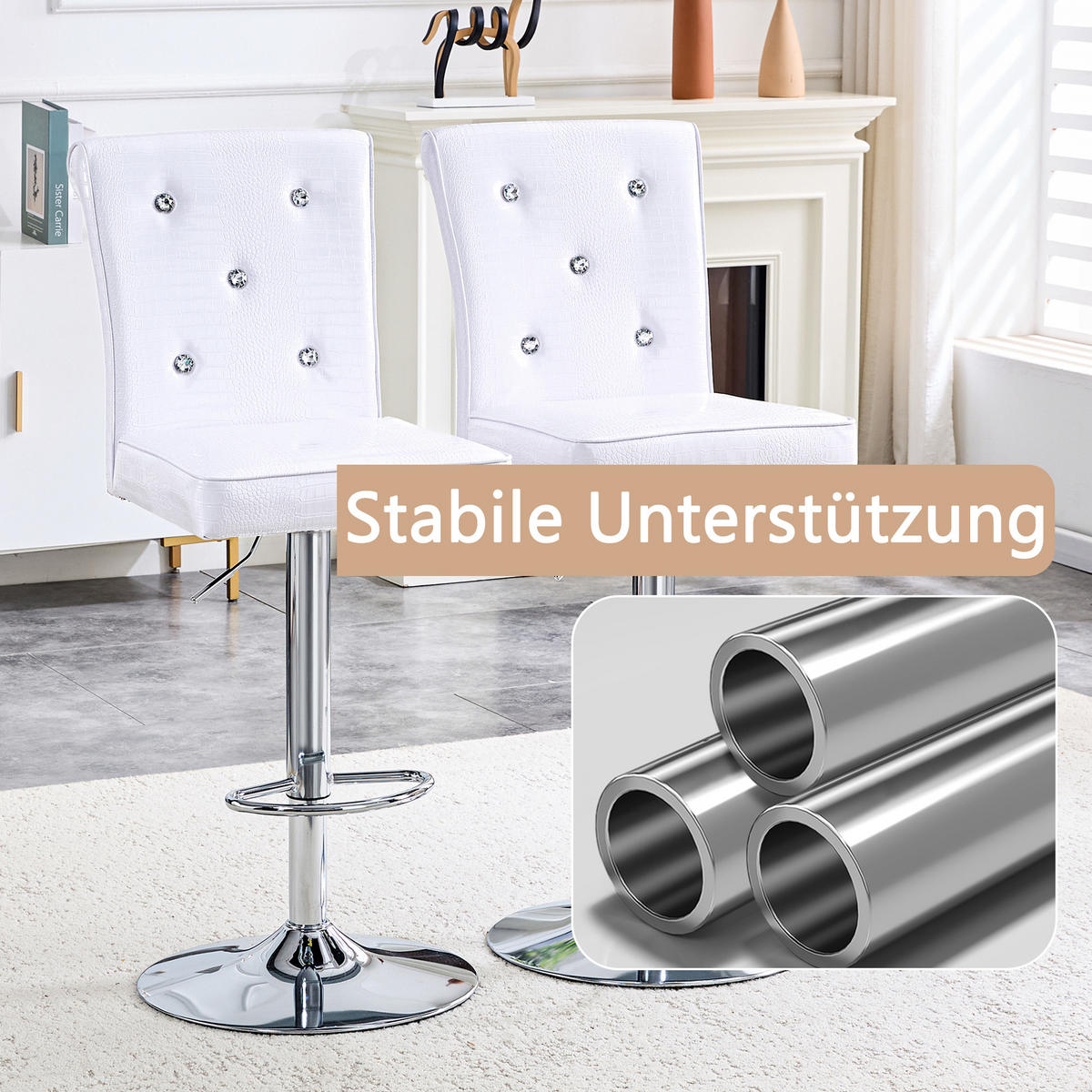 BARHOCKER DE-36795 2er-Set mit Kristallknopf-Details Weiß - Silberfarben/Weiß, Metall (42/125/55cm) - ComfortXL