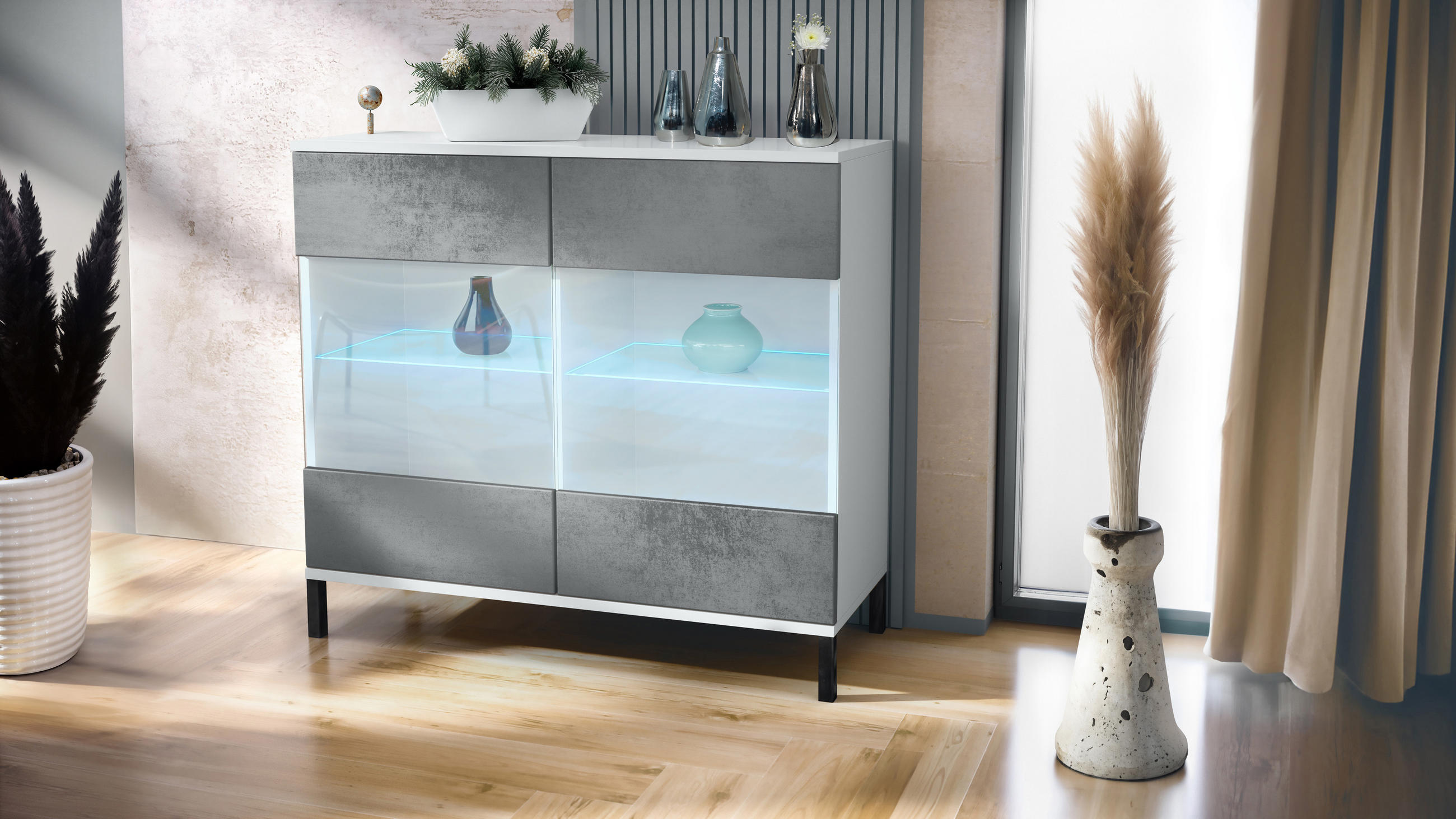 KOMMODE Bari Beton Dunkel Optik - Dunkelgrau, Holzwerkstoff (92.5/83.5/35cm) - Vladon