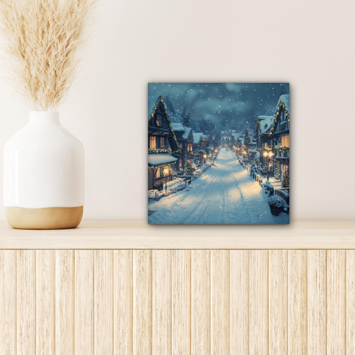 LEINWANDBILD Weihnachtsdorf - Weihnachten - Schnee - Winter Deko Wohnzimmer 20x20 cm - Dunkelblau, Textil (20/20cm) - MuchoWow